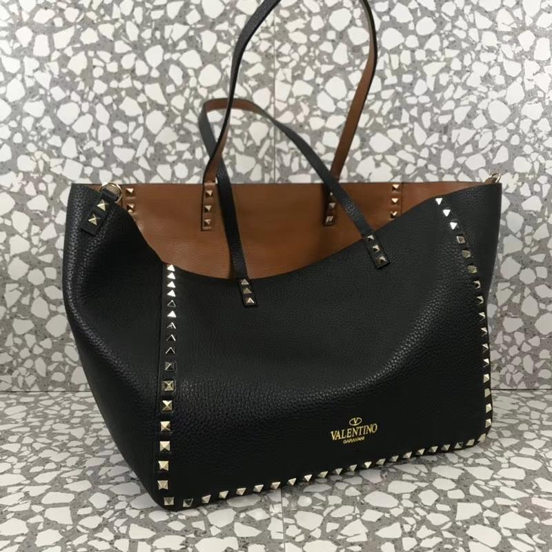 Valentino Shoulder Tote Bags VA0501 Litchi Pattern Full Skin Black Soil Gold Nail Another Edition
